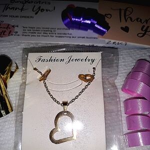 Heart Necklace Stud Earrings Set Minimalist Gold pl Stainless Jewelry NEW NWT